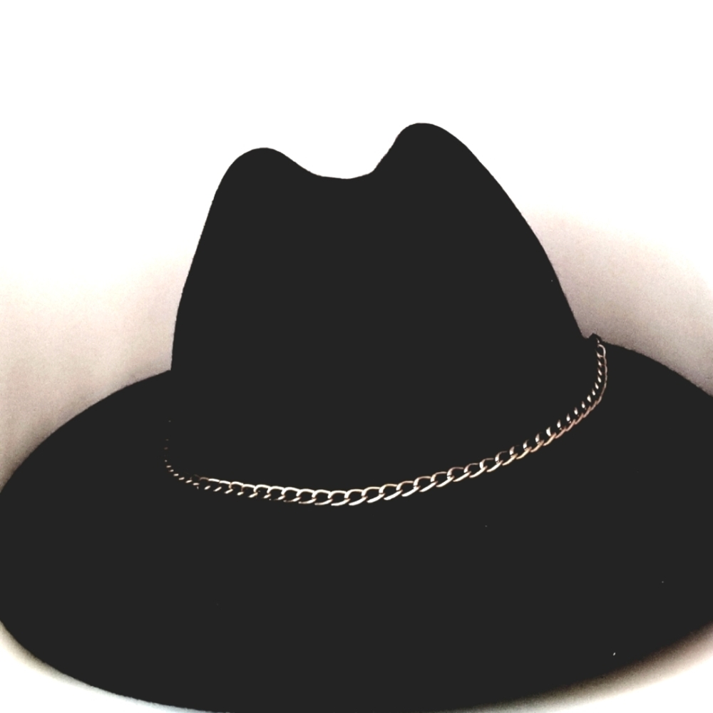 BLACK WOOL FEDORA BRASS CHAIN BAND / NORDSTROM BRAND / INSIDE BAND APP 23"